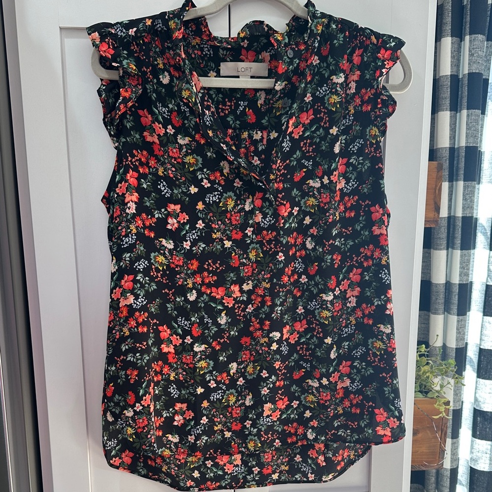 LOFT Floral Ruffle Sleeve Blouse - Black and Red